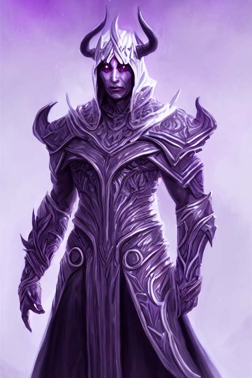 prompthunt: human male demon, full body white purple cloak, purple armor,  warlock, character concept art, costume design, black eyes, white horns,  trending on artstation, Artgerm , WLOP
