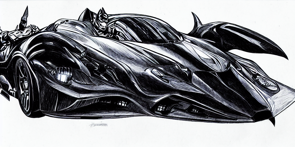prompthunt: ballpoint pen drawing of the batmobile, batman, arkham knight