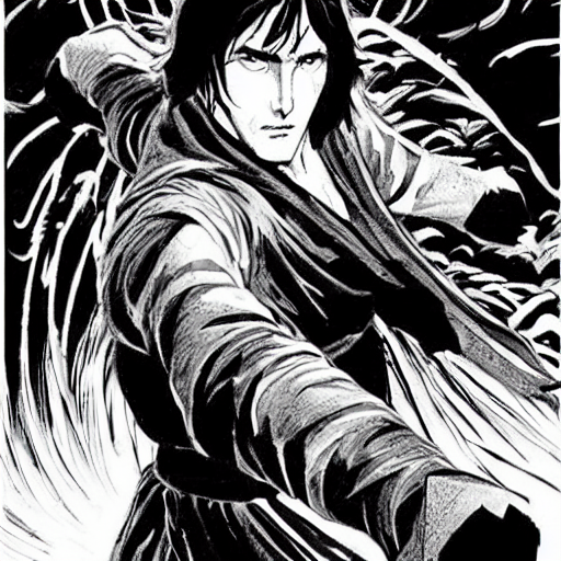 prompthunt: pen and ink!!!! attractive 22 year old monochrome!!!! Khan  Noonien Singh x Ryan Gosling cyberpunk highly detailed manga Vagabond!!!!!!!  telepathic floating magic swordsman!!!! glides through a beautiful!!!!!!!  battlefield magic the gathering
