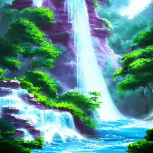 prompthunt waterfall in the wild, with anime character floating over