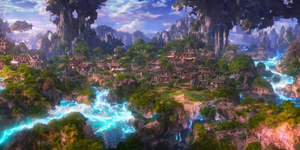 prompthunt: beautiful and immersive magical town, magical buildings,  bioluminescent forest surrounding, gentle rivers flowing through town,  award - winning - anime style - cinematic lighting, dramatic lighting, hdr,  4 k, stunning and