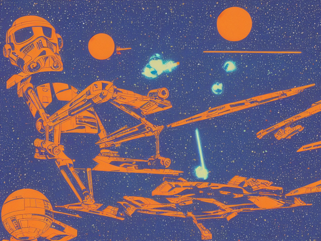 the perfect star wars spaceship flying and squirting fluorescent liquid in the universe, small reflecting rainbow stars, flat design, screen print by Kawase Hasui and Yves Klein, in the foreground is a floating skeleton by James Gurney