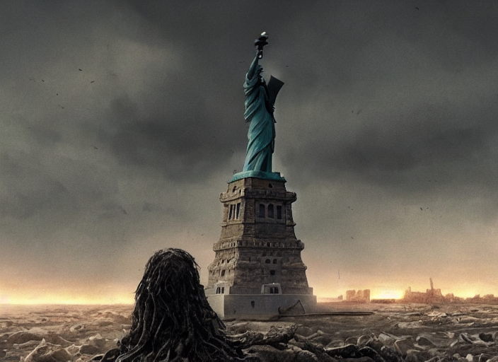 a Photorealistic dramatic hyperrealistic render of a ruined destroyed decayed statue of liberty on a desolate beach in a post-apocalyptic world, futuristic nuclear apocalyptic planet of the apes vibe, by WLOP and Artgerm and Greg Rutkowski and Alphonse Mucha, Beautiful dynamic dramatic dark moody lighting, shadows, cinematic atmosphere, Artstation, concept design art, Octane render, 8K, masterpiece
