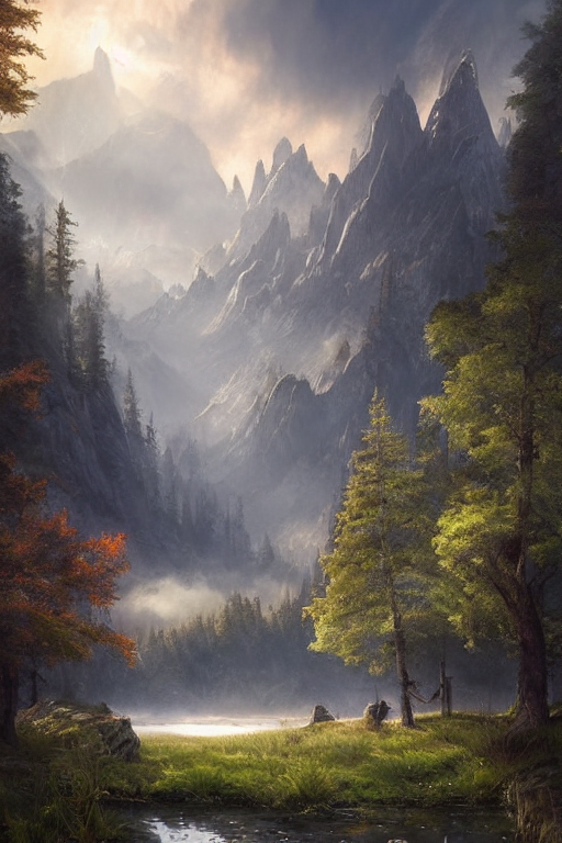 prompthunt: beautiful matte painting by arthur gurin concept art fantasy  path mountains and meadow in the background near a lake reflecting the  trees, atmospheric lighting, painted, intricate, volumetric lighting,  beautiful, rich deep