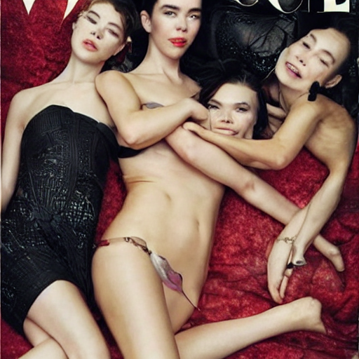 prompthunt: stunning vogue magazine photo of dark - haired goddesses vanessa  kirby, hailee steinfeld, and bjork smiling, legs intertwined, laying back  on the bed, surrounded by adult toys, with wet faces!!, wet