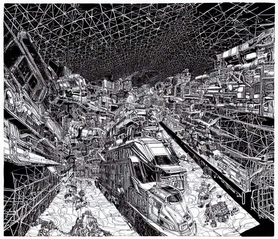 prompthunt: empty very dark cargo hall and large corridor of huge huge  space ship containing cages with cosmic animals ultra detailed ink drawing  by james jean