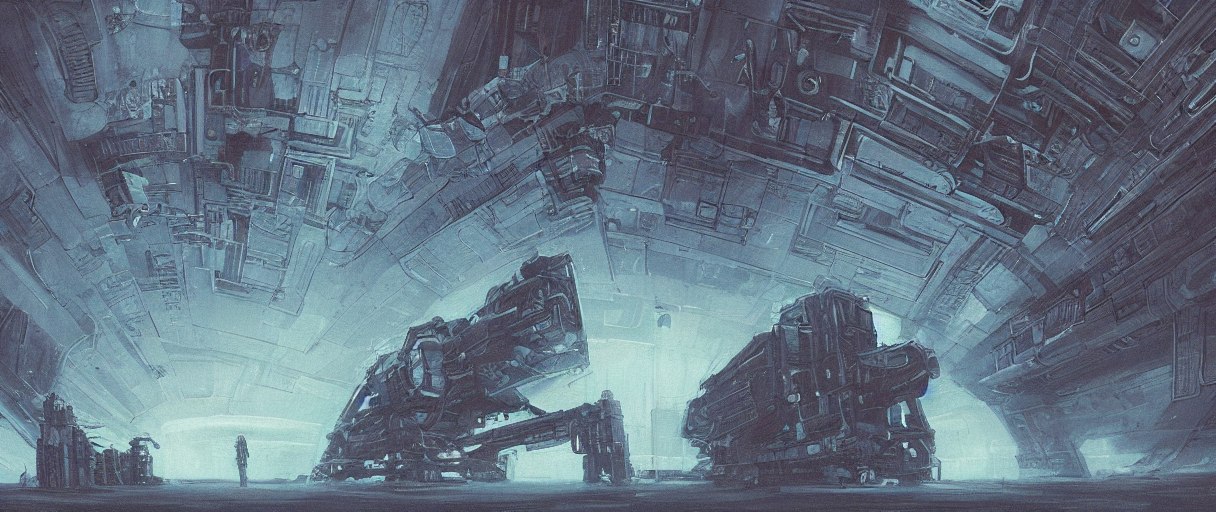 prompthunt: industrial!!! spaceship!!, deep space exploration!!!, ridley  scott universe, mysterious, illustrative!!, apparent brush strokes,  hyperdetailed, outline sketch, cinematic lighting, 4k, wide angle, trending  on artstation, beksinski, (((neon ...