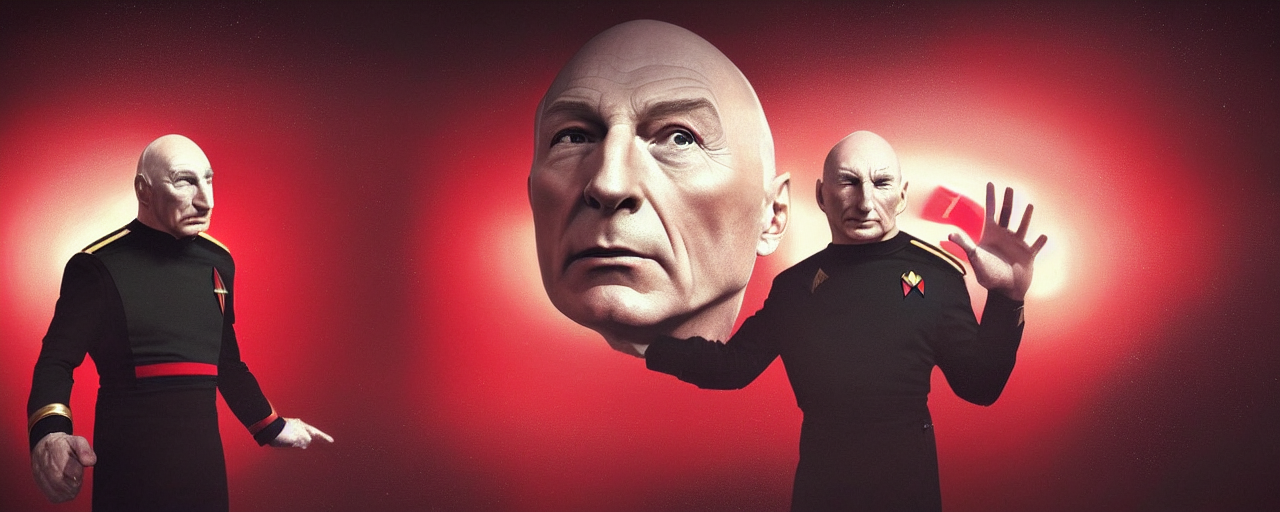 duotone black and red concept 3 / 4 portrait of ( ( ( picard facepalm meme ) ) ) captain jean - luc picard with palm on his face inside uss enterprise. accidental renaissance. concept by stanley kubrick. sergey kolesov and ruan jia and heng z. graffiti art, scifi, fantasy, hyper detailed. octane render. trending on artstation