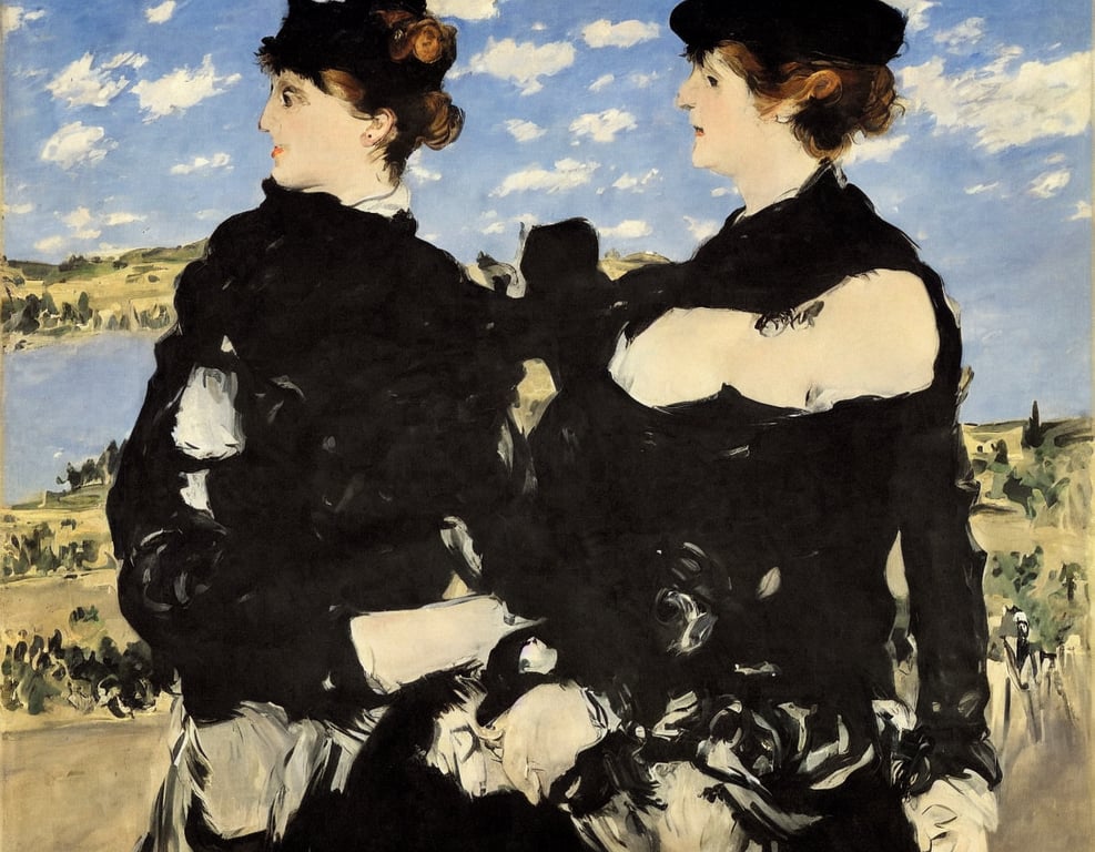 prompthunt: edouard manet. a wide portrait of a marie from the side all  dressed in black on a motorcycle on a highway looking over her shoulder  towards us. blue sky. there is