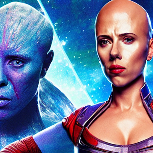 film still of bald and blue Scarlett Johansson as Nebula in Guardians of the galaxy