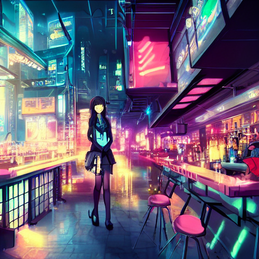 prompthunt: Cinematography, anime girl in a bar, cyberpunk city, hyper  detailed, 4k