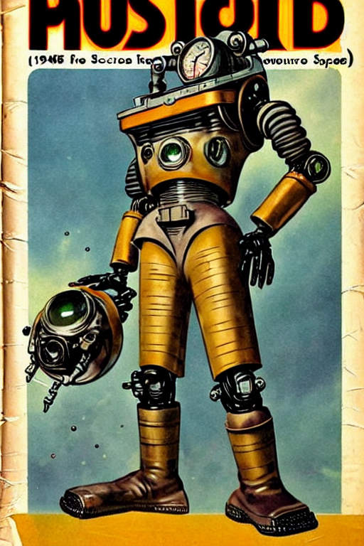 prompthunt: ( ( ( ( ( 1 9 5 0 s pulp science fiction magazine cover art  steampunk space inventer adventure robot explorer costume. muted colors. )  ) ) ) ) by jean - baptiste monge!!!!!!!!!!!!!!!!!!!!!!!!!!!!!!