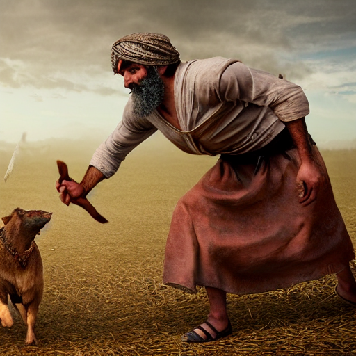 photographic portrait of angered Mediterranean skinned man in ancient Canaanite farmer clothing fighting a Mediterranean skinned shepherd in ancient Canaanite shepherd clothing, farm field background, sharp detail, hyper realistic, foggy atmosphere, intense facial expression, octane render