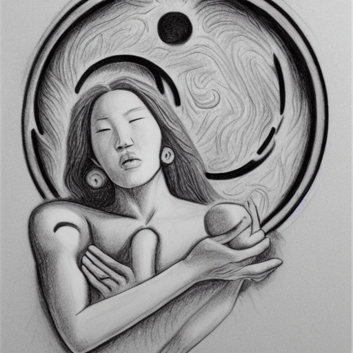 prompthunt: a drawing of a woman giving birth to yin - yang daoist symbol,  black and white detailed pencil drawing gaia