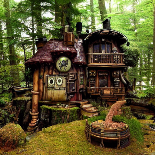 prompthunt Studio Ghibli steampunk cottage in the woods by a stream by