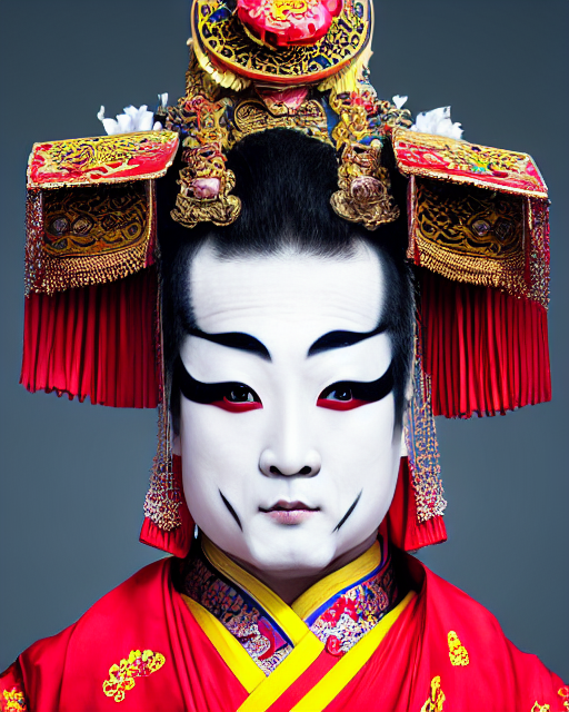 photo of a Dramatic Peking Opera male character wearing elaborate makeup merged with kathakali makeup and full Chinese opera costume fused with Kathakali costume in the style of stefan kostic, realistic, sharp focus, symmetric, 8k high definition, insanely detailed, intricate, elegant, art by stanley lau and artgerm, William-Adolphe Bouguereau