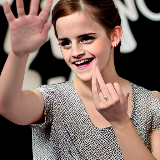 prompthunt: A photo of laugh emma watson show wedding ring on his fingers.  50 mm. perfect ring. award winning photography