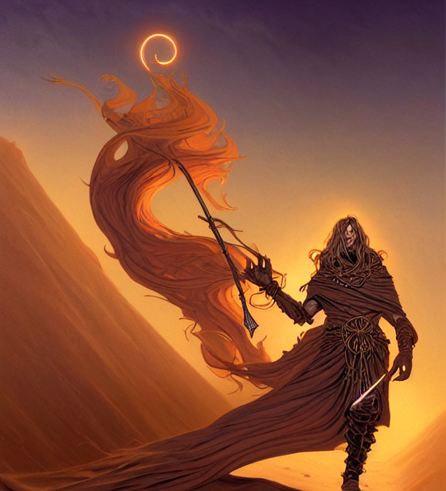 prompthunt: a defiler wizard upon the dunes, the art of athas,'dark sun'-  campaign setting, brom's dark sun art on a 7 0's style fantasy novel cover,  digital painting by brom, amazingly detailed