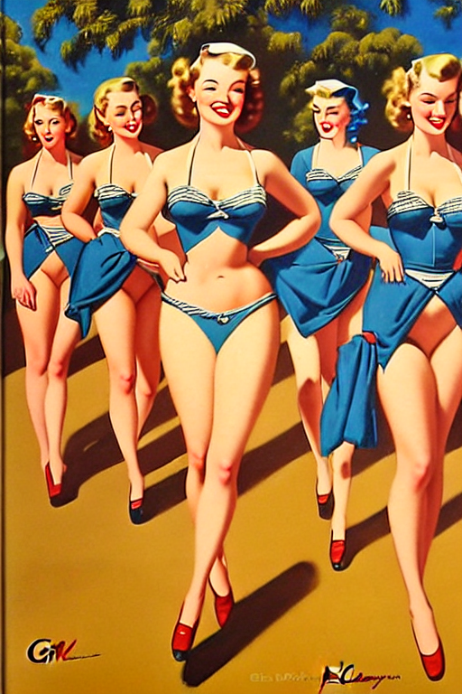 prompthunt: 1940s group of pinup bikini girls walking around 1940s  Adelaide, in Australia, oil painting, by Gil Elvgren