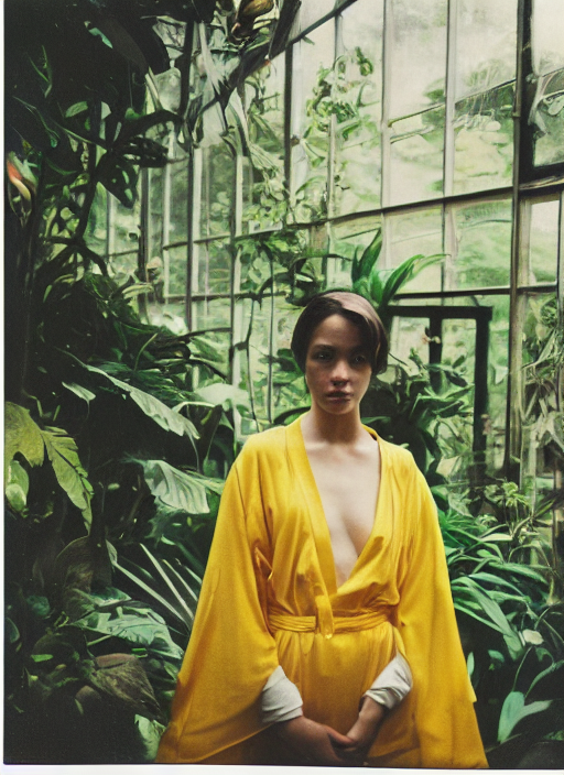 prompthunt: grainy head to shoulder portrait Polaroid film photograph of an  elegant top model wearing a yellow kimono in a tropical greenhouse. looking  at the camera!!. super resolution. Extremely detailed. Polaroid 600