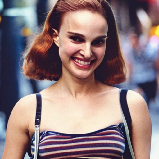 prompthunt: Natalie portman as a young redhead, a wild smiling, and shorts city street, fashion her belly button is exposed