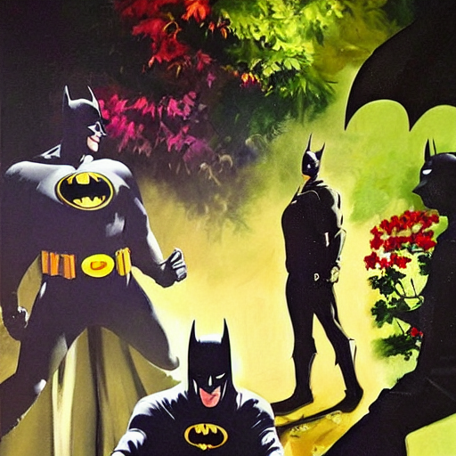 prompthunt: batman fighting the joker in a garden by night in the style of phil  hale