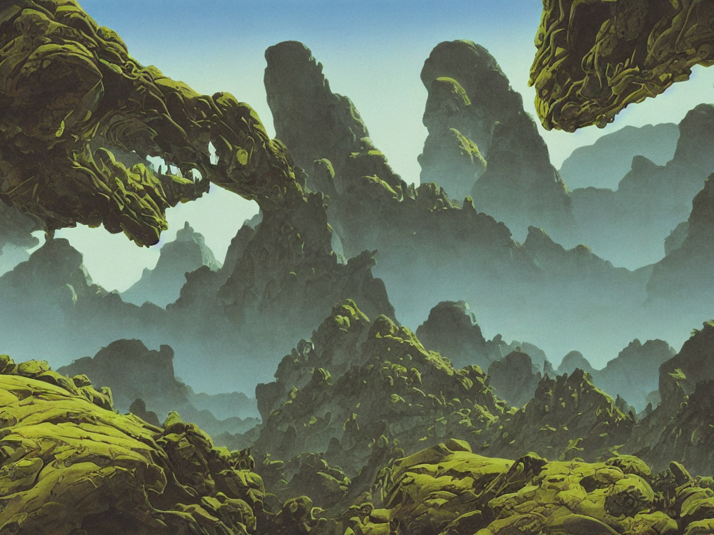 Alien landscape by Roger Dean, floating mountains and gradient sky; very fine detail, 8k rendering