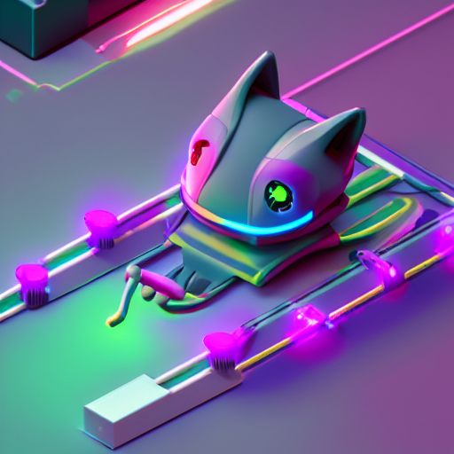 prompthunt: Isometric Kitty Bot, 3D character realistic, very colorful,  cinematic lighting, soft neon, octane render, trending on Artstation