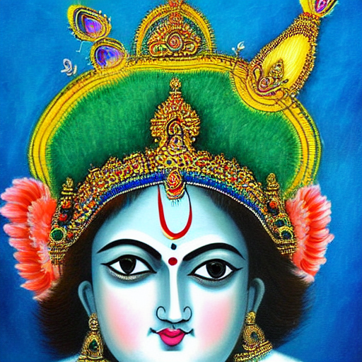 prompthunt a close up portrait of lord krishna, wearing a crown made of peacock feather