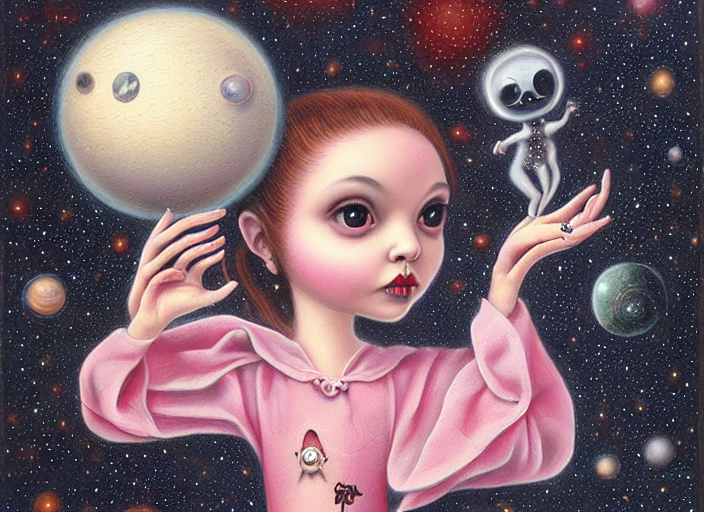 prompthunt: a cute alien girl holds the universe in her hand, an ultrafine  detailed painting by mark ryden, trending on deviantart, pop surrealism,  whimsical, lowbrow, grotesque