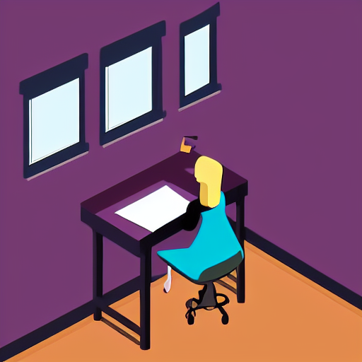 isometric flat art of a woman writing at a desk looking out the window