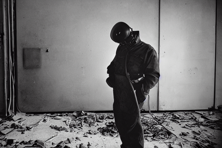 prompthunt: welder in welding mask in abandoned office building, ominous  lighting, by richard avedon, tri - x pan stock