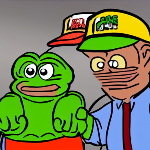 prompthunt: pepe the miners shaking hands to each other