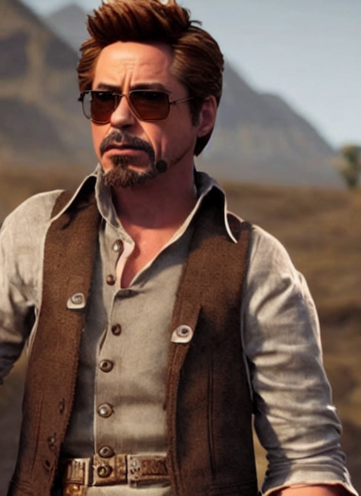 prompthunt: an film still of robert downey jr as cowboy with beard, western  background, unreal engine. amazing likeness. very detailed.