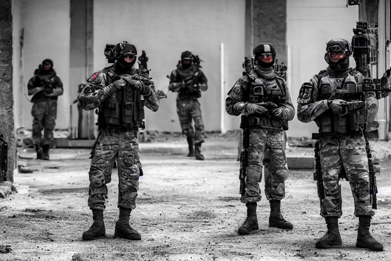 prompthunt: Mercenary Special Forces soldiers in grey uniforms with black  armored vest and black helmets raising a mansion in 2022, Canon EOS R3,  f/1.4, ISO 200, 1/160s, 8K, RAW, unedited, symmetrical balance,