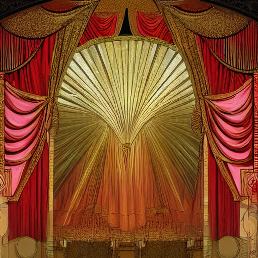 prompthunt flowing theatre red curtains, centered radial design, gold