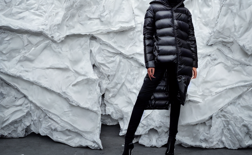 prompthunt: well lit fashion photo of extremely beautiful female marble  statue wearing huge over size asymmetrical puffer jacket with complex  asymmetrical holes and openings, a deconstructed puffer jacket, futuristic  outerwear, balenciaga, a