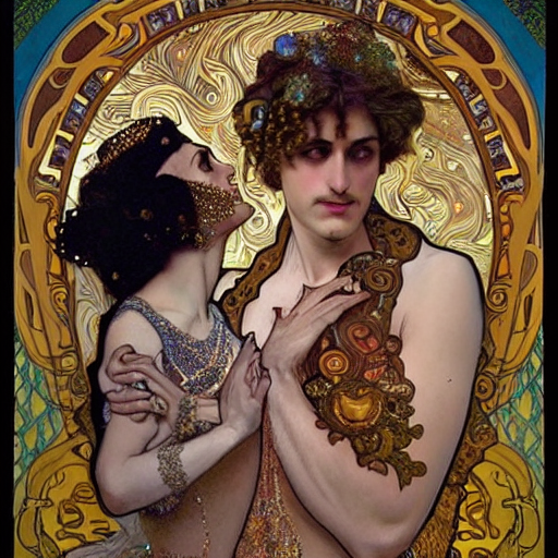 realistic detailed dramatic symmetrical portrait of David and Dalida as Salome dancing, wearing an elaborate jeweled gown, by Alphonse Mucha and Gustav Klimt, gilded details, intricate spirals, coiled realistic serpents, Neo-Gothic, gothic, Art Nouveau, ornate medieval religious icon, long dark flowing hair spreading around her