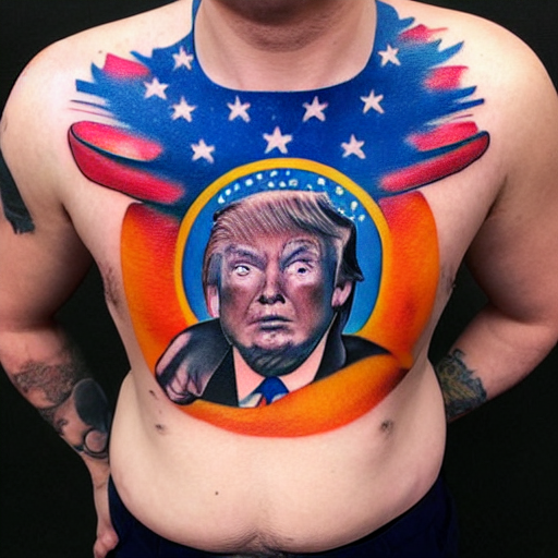 tattoo of donald trump holding the universe, black, blue orange, and white ink, detailed, hyperrealistic trending on artstation