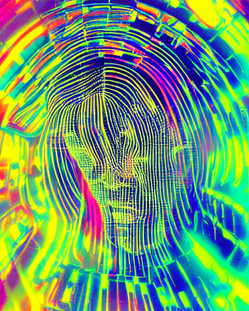 prompthunt: cyber - polaroid of a female cyborg's face, emotion,  cybernetic, ethereal curtain, chrome vortex, vibrant scattered light,  reflective glass, chromatic aberration, 1 9 6 0 s, computer - generated,  rainbow colored