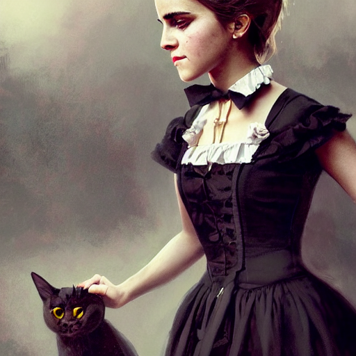 prompthunt: highly detailed painting of emma watson wearing a black cat  lolita maid dress, 8 k, by greg rutkowski, artgerm, global illumination