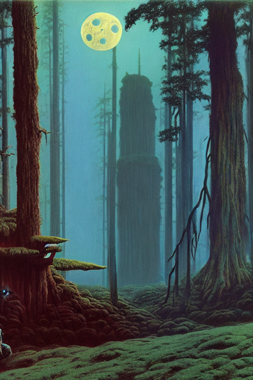 emissary the forest moon home of the furry ewoks ( designated : ix 3 2 4 4 - a ) by arthur haas and bruce pennington and john schoenherr, cinematic matte painting, 8 k, dark color palate