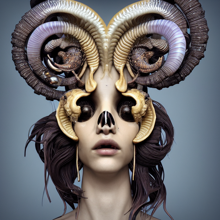 goddess princess face close-up portrait ram skull. sculpture made of polished gold and matte obsidian. jellyfish phoenix head, nautilus, orchid, skull, betta fish, bioluminiscent creatures, intricate artwork by Tooth Wu and wlop and beeple. octane render, trending on artstation, greg rutkowski very coherent symmetrical artwork. cinematic, hyper realism, high detail, octane render, 8k