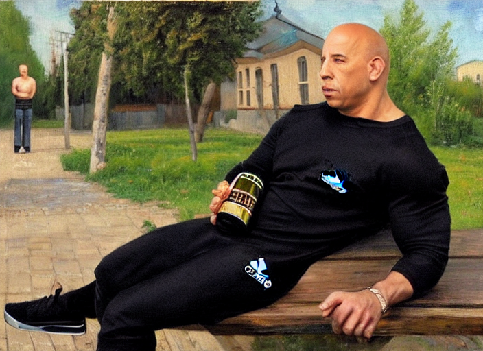 prompthunt: vin diesel in black adidas sport costume, as gopnik character,  sitting on a bench with a bottle of beer in the courtyard of a provincial  russian town, oil on canvas, naturalism