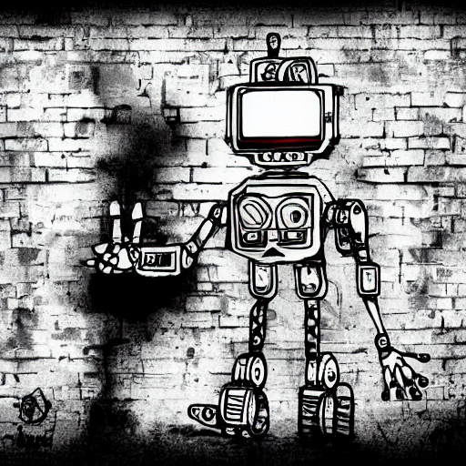 angivet Huddle Fru prompthunt: chappie robot color graffiti, black and white zef design  graffiti on the wall, dark lighting, digital art