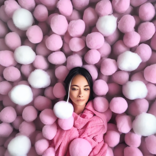 prompthunt: a cute girl model surrounded by floating pink cotton balls,  photorealistic, hyperdetailed, studio lighting, shot on iphone 1 3 pro