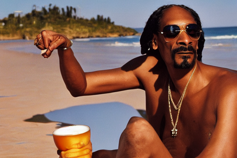 prompthunt: snoop dogg without shirt on the beach with beer, high detailed,  high resolution, 8k, photorealistic