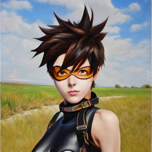 prompthunt: oil painting of tracer overwatch in a field wearing very large  black leather belt choker collar around neck, in style of mark arian,  expressive face, very detailed face, very detailed eyes,