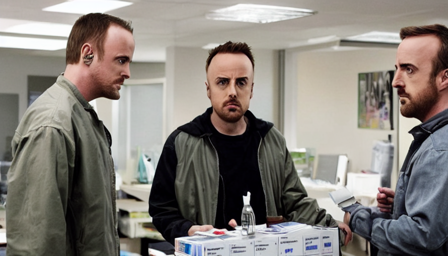 prompthunt: still image of jessie pinkman from breaking bad selling drugs  to michael scott form the office