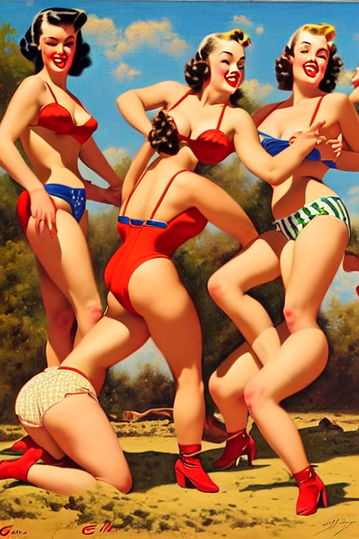 prompthunt: 1940s group of pinup bikini wrestling in the mud, oil painting, by Gil Elvgren